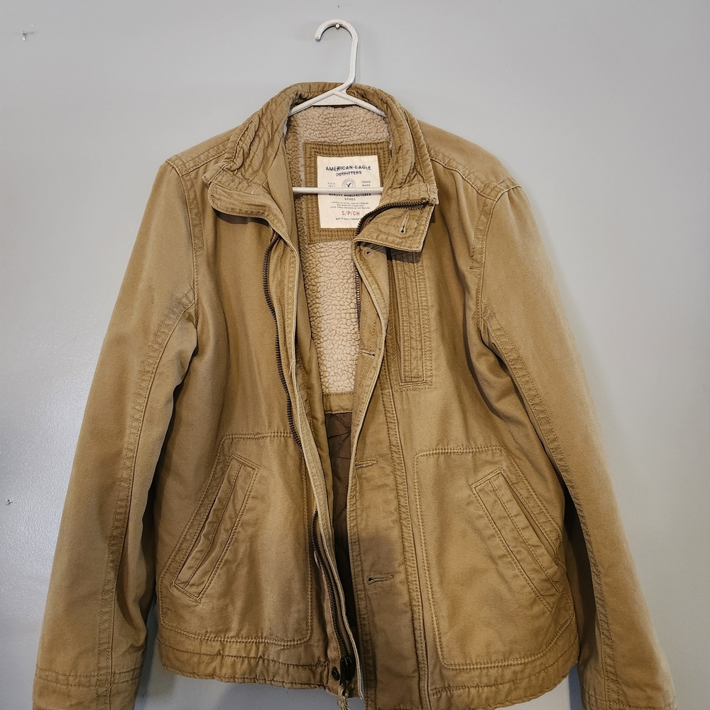 American Eagle Outfitters Khaki Jacket with Sherpa Lining